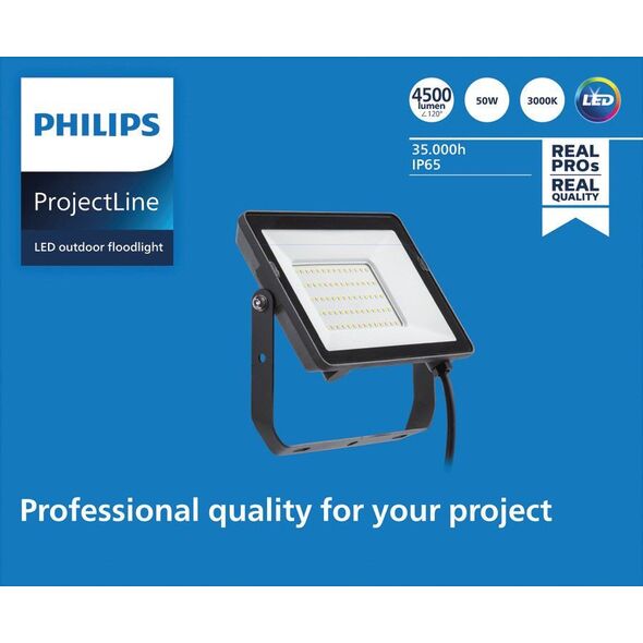 LED spotlight PHILIPS, IP65, 50W, 3000 K, 4500 lm, black, 22.3 x 3.1 x 18.3 cm