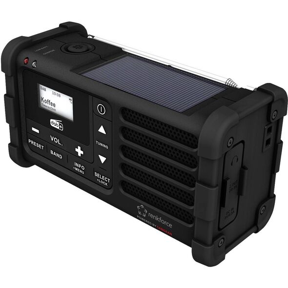 Renkforce RF-DAB-MMR88 Outdoorradio DAB+, UKW Ραδιόφωνο έκτακτης ανάγκης, USB Χειροκίνητη μανιβέλα, Ηλιακό πάνελ, επαναφορτιζόμενο, Φακός Μαύρο (RF-5266164)
