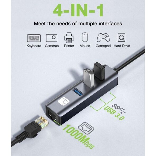 Adapter Techly Karta Sieciowa USB-C 3.1 na RJ45 Gigabit z Hubem 3x USB 3.0