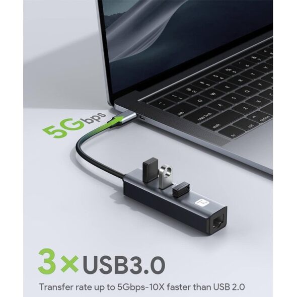 Adapter Techly Karta Sieciowa USB-C 3.1 na RJ45 Gigabit z Hubem 3x USB 3.0