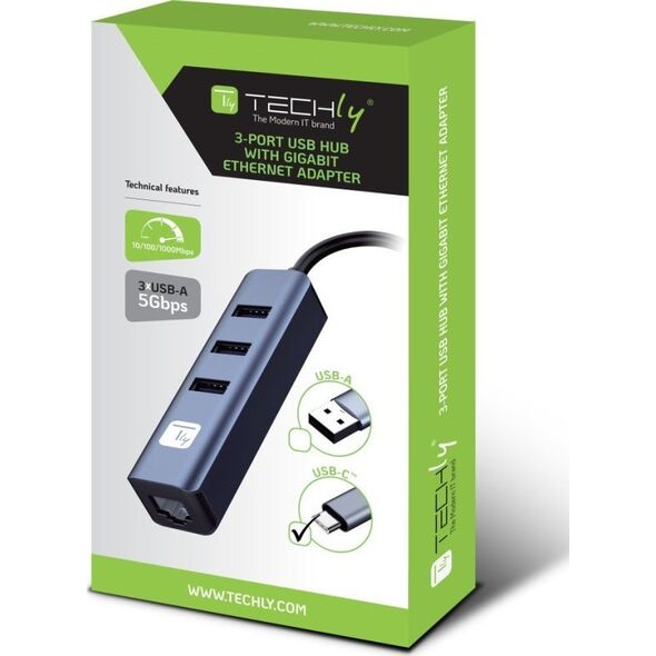 Adapter Techly Karta Sieciowa USB-C 3.1 na RJ45 Gigabit z Hubem 3x USB 3.0