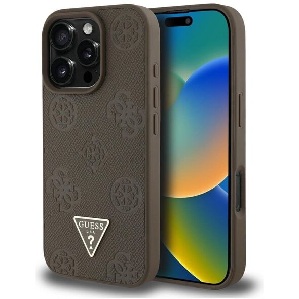 Etui Guess Grained Hot Stamp Peony       Triangle Logo MagSafe do iPhone 16 Pro brązowy