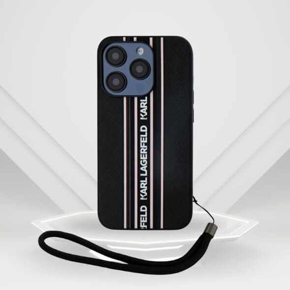 Etui Karl Lagerfeld Saffiano Athleisure  Stripes Cord do iPhone 15 Pro czarno-różowy
