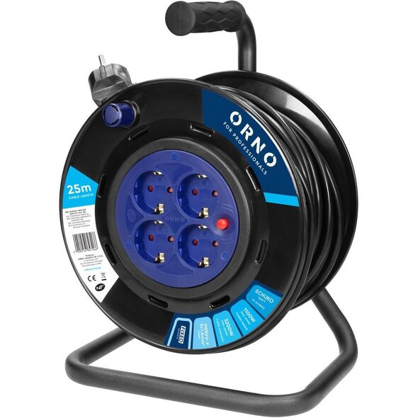 Przedłużacz bębnowy, 4 gniazda 2P+Z Schuko, kabel PVC H05VV-F 3x1,5mm2, długość 25m, stałe gniazda, termik, przesłony torów prąd