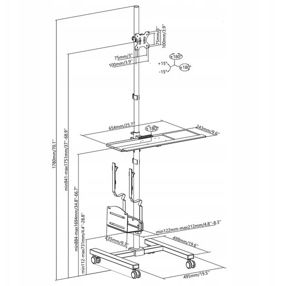 MACLEAN WÓZEK STAND PROFESJONALNY, MOBILNE STANOWISKO KOMPUTEROWE NA KÓŁKACH, MAX 17"-32", MAX 20KG MC-793 W