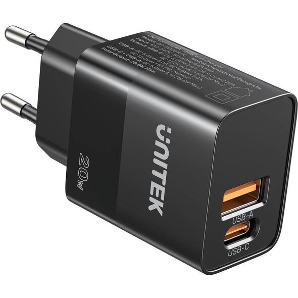 Ładowarka Unitek Unitek Ładowarka sieciowa, 1x USB-A, 1x USB-C, QC, PC 3.0, 20W, czarna