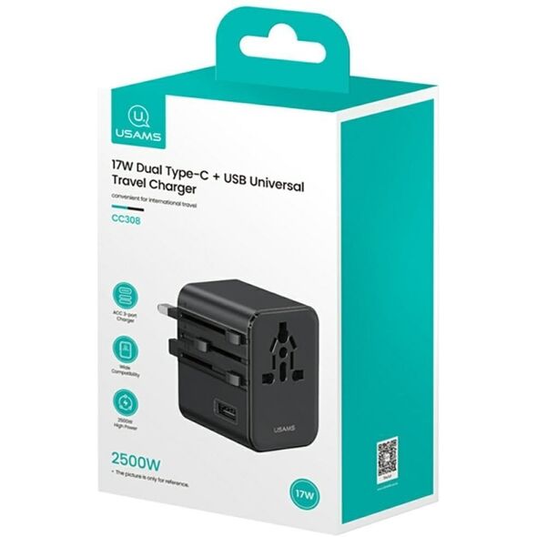 Ładowarka sieciowa USAMS Travel Adapter  CC308 USB-C + USB-A 17W 4w1 US/AU/EU/UK czarny