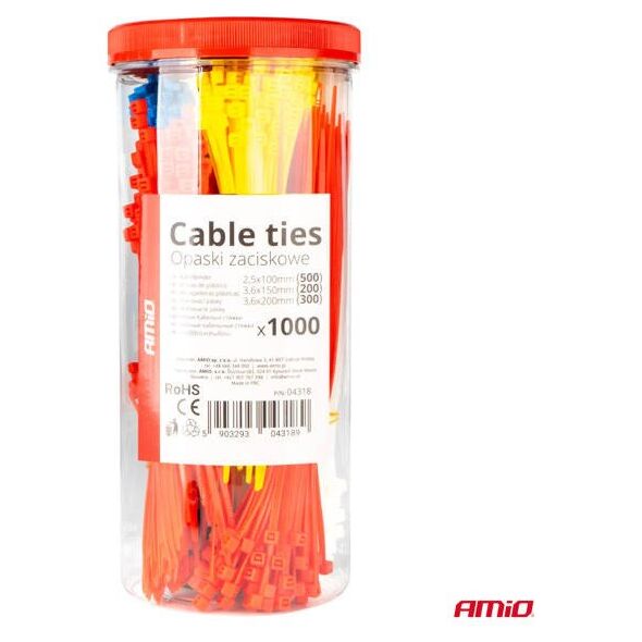 Opaski zaciskowe plastikowe wielokolorowe zestaw 1000 szt. amio-04318