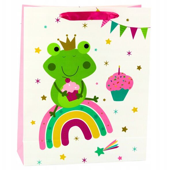 Torba Prezentowa Żaba z Koroną Tęcza Biało Różowa 32x26x10cm