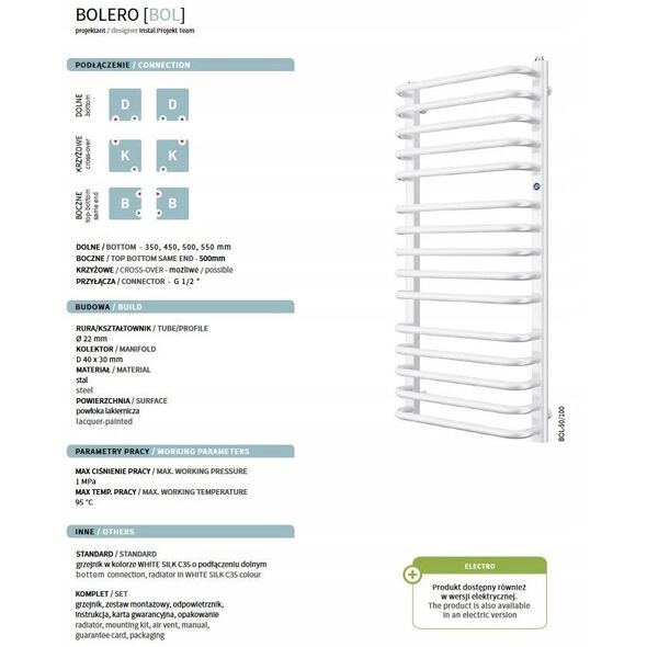 Θερμαντικό σώμα μπάνιου Instal-Projekt GRZEJNIK BOL-55/170 R500 878W BIALY