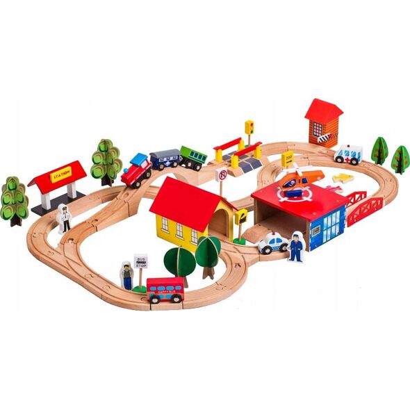 LeanToys Tor samochodowy Kolejka, autka, drzewa, budynki, helikopter  (9835-uniw)