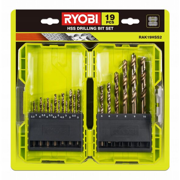 Σετ τρυπανιών RYOBI RAK19HHS2, HSS, για μέταλλο, ξύλο, πλαστικό, 19 τεμ.