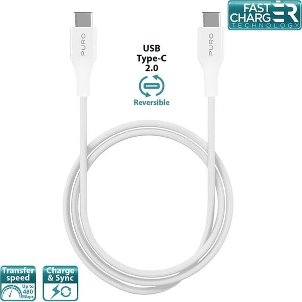 Kabel USB Puro Type-C Charge & Sync Cable - Kabel USB-C 2.0 na USB-C 2.0 do ładowania & synchronizacji danych, 2A, 480 Mbps, 1 m (biały)