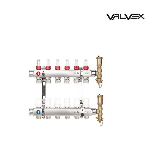Valvex Διανομέας K5 PLUS-10 G1-G3/4 n=10 10 κυκλώματα, χαλύβδινη δοκός G1 x 2 τεμ.• στηρίγματα για διανομέα x 1 σετ• μειωτικός σύνδεσμος G 1/2 x G 3/4• ροόμετρο G 1/2• θερμοστατική βαλβίδα G 1/2• ομάδα ασφαλείας διανομέα G1+ ΣΥΝΔΕΣΜΟΣ V-PEX 16x3/4