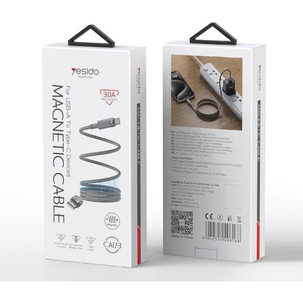 yesido Μαγνητικό Καλώδιο CA173 18W USB-TC 1m 3A, ΓΚΡΙ / SZARY