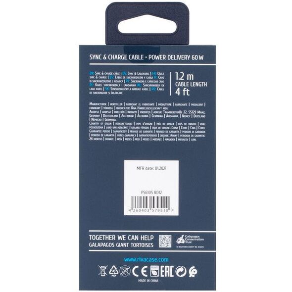 CABLE USB-C TO USB-C 1.2M/RED PS6105 RD12 RIVACASE