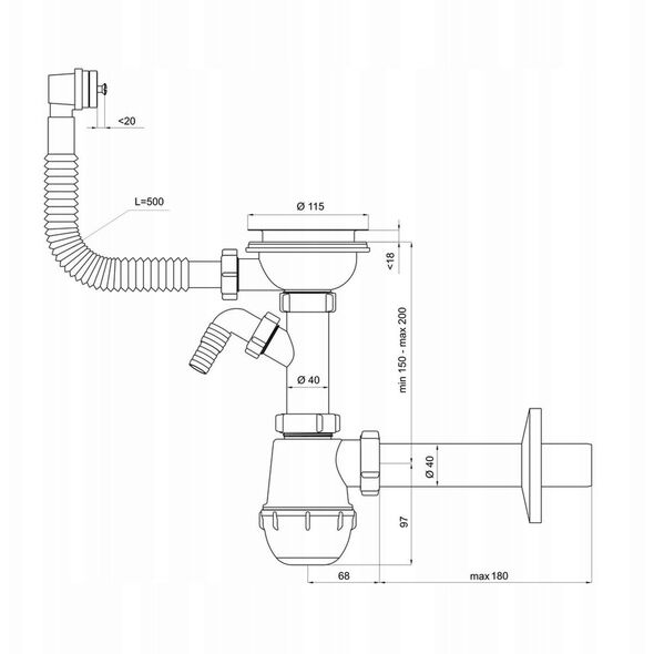 Instadrain syfon zlewozmywakowy fi 90 mm butelkowy, 1-komora, z wyjściem do pralki/zmywarki 2663