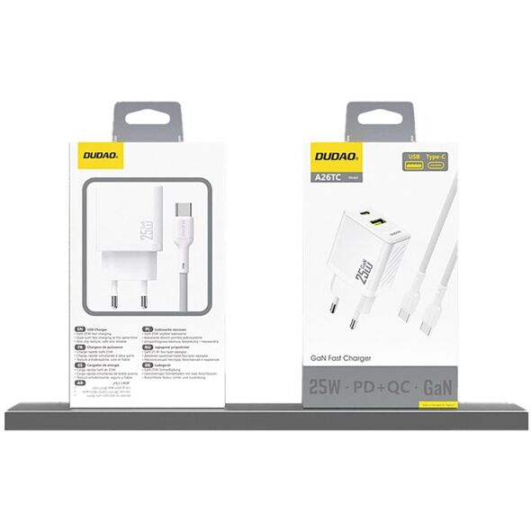 Szybka ładowarka sieciowa 25W USB-A USB-C - biała DUDAO