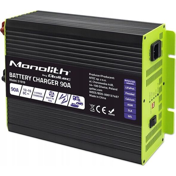 qoltec Inteligentna ładowarka do akumulatorów LiFePO4 AGM GEL SLA | 90A | 12V