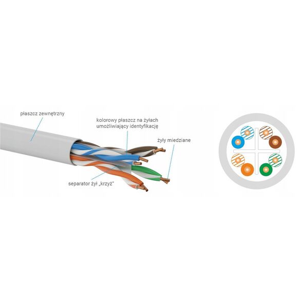 Kabel U/UTP kat.6, sieciowy, skrętka, PVC, Eca 4PR, 1Gb/s (10Gb/s do 55m), gwarancja 10 lat, szary, 100m - Q-LANTEC