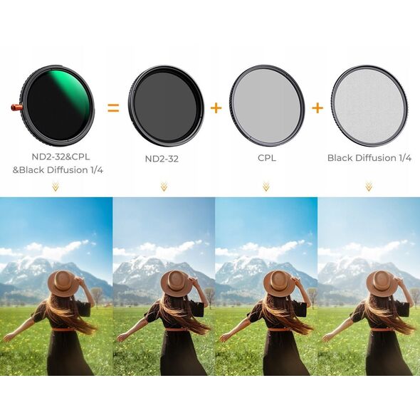 Filtr Hybrydowy 3w1 K&F 72 mm 72mm Fader ND2-32 + CPL + Black Diffusion 1/4 / KF01.2926V2