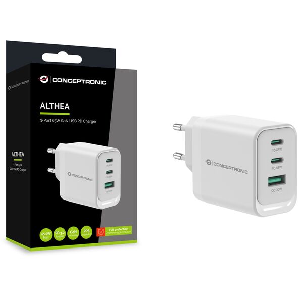 Conceptronic ALTHEA21W65 ładowarka do urządzeń przenośnych Uniwersalne Biały Prąd przemienny Szybkie ładowanie Wewnętrzna