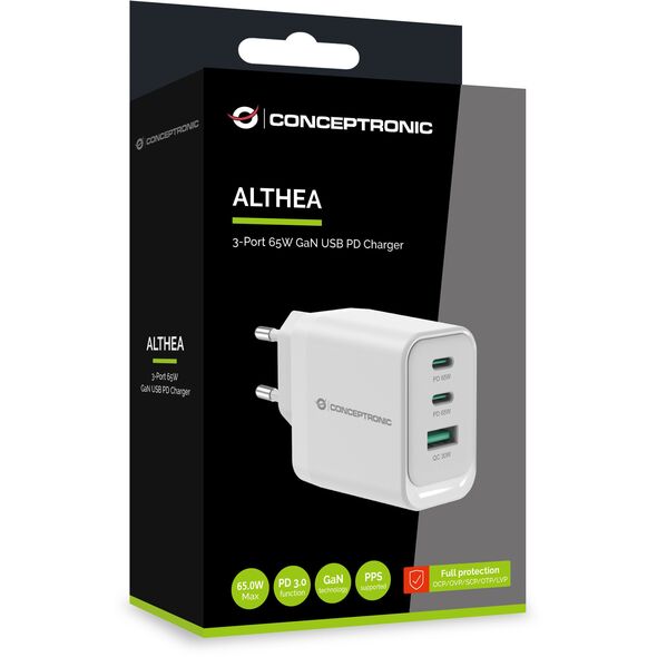 Conceptronic ALTHEA21W65 ładowarka do urządzeń przenośnych Uniwersalne Biały Prąd przemienny Szybkie ładowanie Wewnętrzna