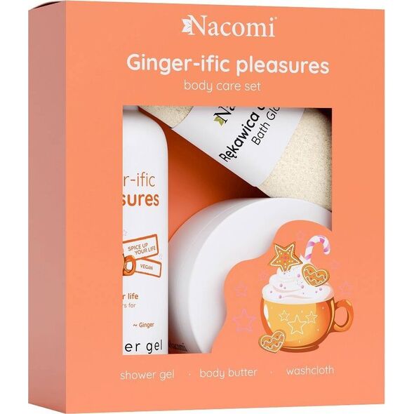 Nacomi Ginger-ific Pleasure zestaw żel pod prysznic 300ml + masło do ciała 100ml + rękawica do kąpieli