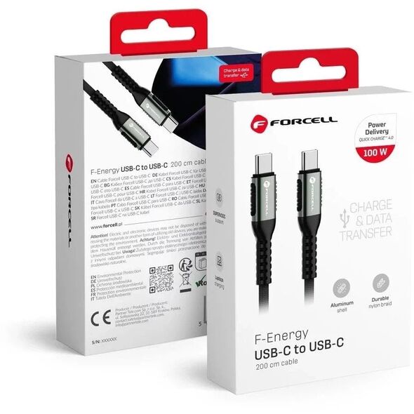 Kabel USB-C do USB-C Forcell 100W 5A PD QC 4.0 Nylon 2m Laptop Turbo