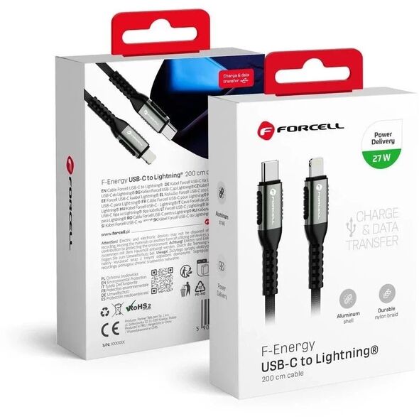 Kabel USB-C 27W 2m Forcell Lightning PD Nylon LAPTOP PC SMARTFON