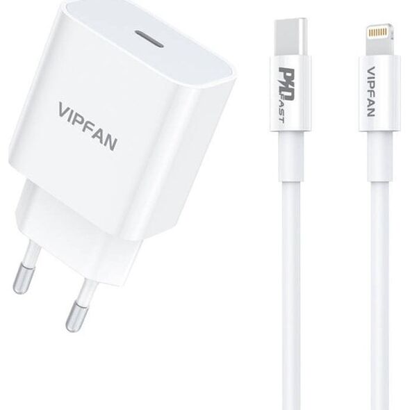Kabel USB Vipfan Ładowarka sieciowa Vipfan E04, USB-C, 20W, QC 3.0 + kabel Lightning (biała)