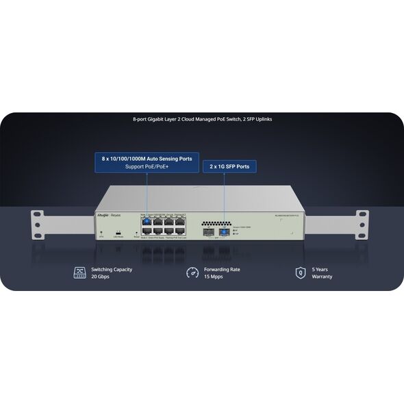 Ruijie Reyee RG-NBS3100-8GT2SFP-P-V2| Switch Zarządzalny, 10 portów, 8xGE, 8xPoE, 125W, 2xSFP, L2, Desktop, Cloud