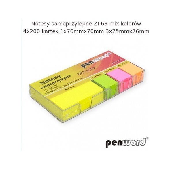 NOTESY SAMOPRZYLEPNE ZI-63 MIX KOLORÓW 4X200 KARTEK 1x76mmx76mm 3x25mmx76mm