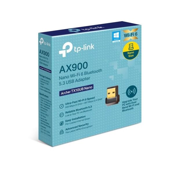 AX900 Nano Dual Band Wi-Fi 6 Bluetooth 5.3 USB AdapterSPEED: 600 Mbps at 5 GHz + 287 Mbps at 2.4 GHzSPEC: Internal Antennas, USB 2.0
