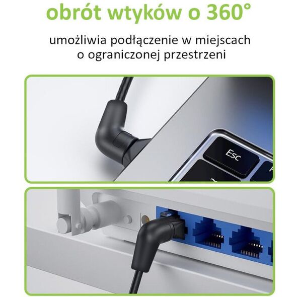 Kabel sieciowy patchcord Cat6a UTP kątowy obrotowy 1m slim czarny