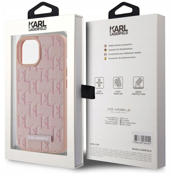 Case Karl Lagerfeld Leather Monogram Metal Logo MagSafe for iPhone 15 pink