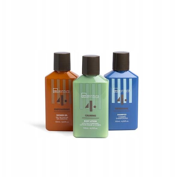 Rinkinys IDC Institute 4 elements: šampūnas, 120 ml + dušo želė, 120 ml + kūno losjonas, 120 ml + kosmetinė