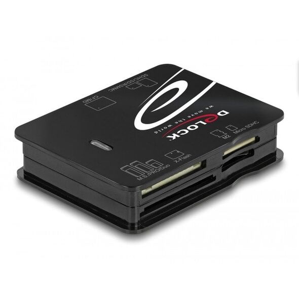 DeLOCK USB 2.0 Card Reader for CF / SD / Micro SD / MS / xD / M2 memory cards, CF, MMC, MS Duo, MS Micro (M2), MicroSD (TransFlash), SD, xD, Black, 480 Mbit/s, USB 2.0, 43.5 mm, 56.6 mm