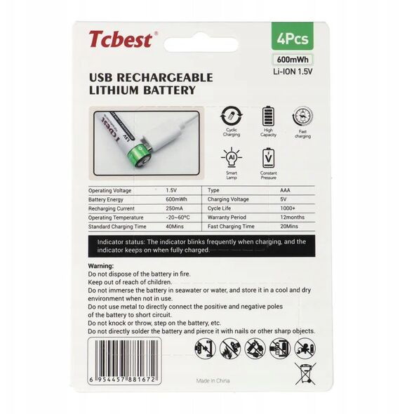 TCBEST bateria akumulatorowa R3 (AAA) 180 mAh z gniazdem Typ C + kabel USB A do 4 x Typ C 4 szt
