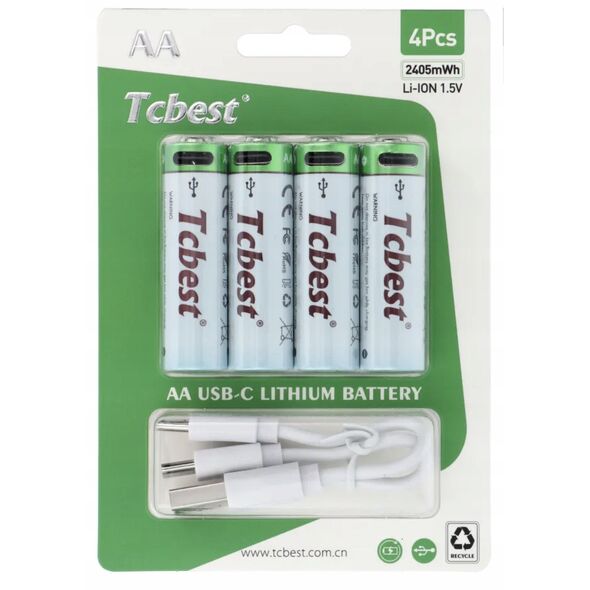 TCBEST bateria akumulatorowa R6 (AA) 750 mAh z gniazdem Typ C + kabel USB A do 4 x Typ C 4 szt
