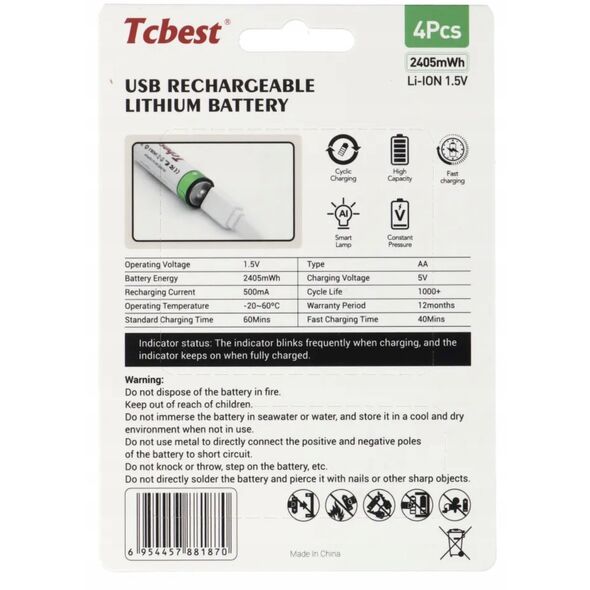 TCBEST bateria akumulatorowa R6 (AA) 750 mAh z gniazdem Typ C + kabel USB A do 4 x Typ C 4 szt