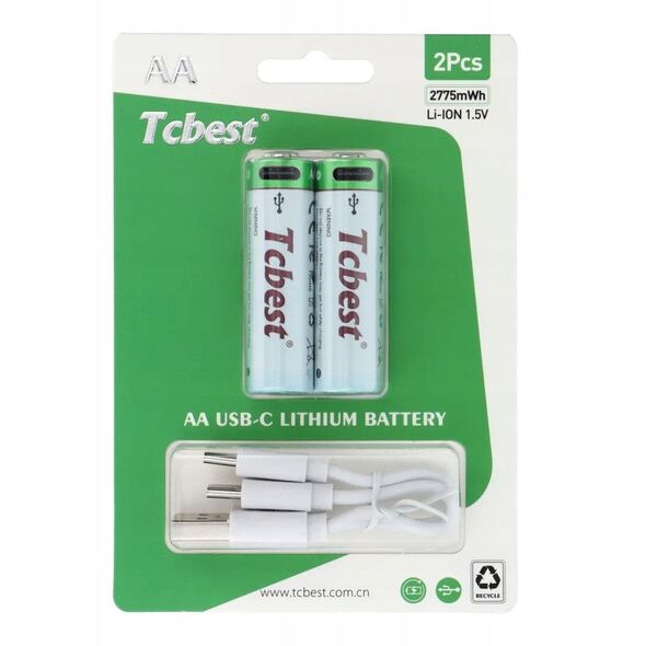 TCBEST bateria akumulatorowa R6 (AA) 750 mAh z gniazdem Typ C + kabel USB A do 2 x Typ C 2 szt