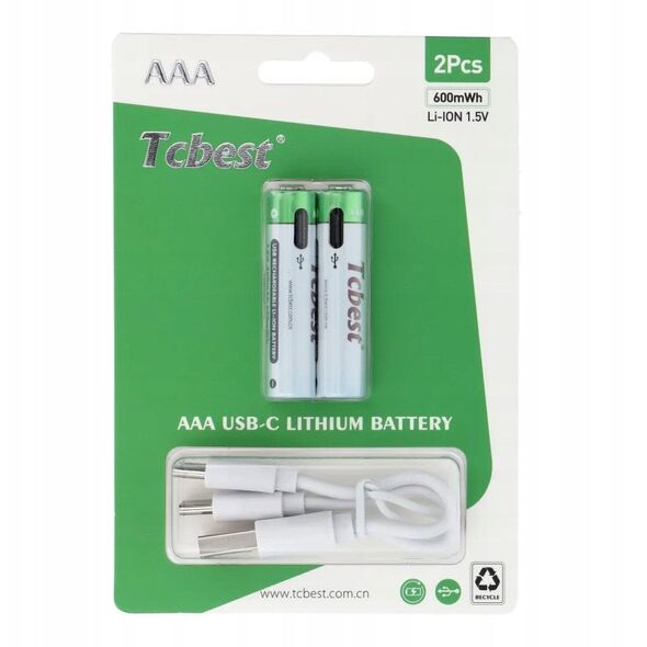 TCBEST bateria akumulatorowa R3 (AAA) 180 mAh z gniazdem Typ C + kabel USB A do 2 x Typ C 2 szt