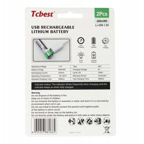 TCBEST bateria akumulatorowa R3 (AAA) 180 mAh z gniazdem Typ C + kabel USB A do 2 x Typ C 2 szt