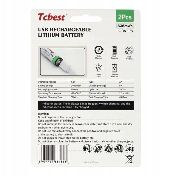 TCBEST bateria akumulatorowa R6 (AA) 650 mAh z gniazdem Typ C + kabel USB A do 2 x Typ C 2 szt