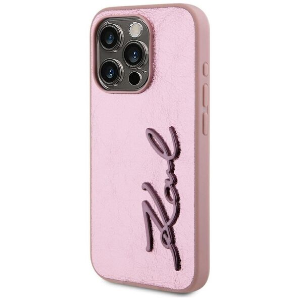 Etui Karl Lagerfeld Wrinkled Metal       Signature do iPhone 15 Pro różowy