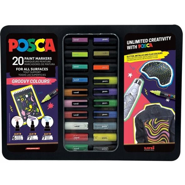POSCA Gift Metal Tin, 20ass. Groovy Colours (6xpc1mc - 7xpc3m - 7xpc5m)