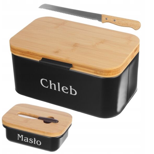 CHLEBAK METALOWY CZARNY Z DESKĄ DO KROJENIA + MASELNICZKA + NÓŻ BRUNBESTE BB-2777