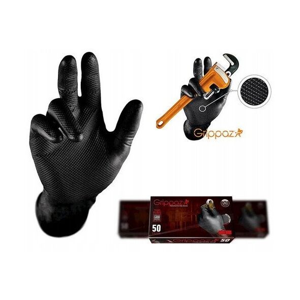 Disposable nitrile gloves with rough palm GRIPAZZ, black, size XL (50pcs.)