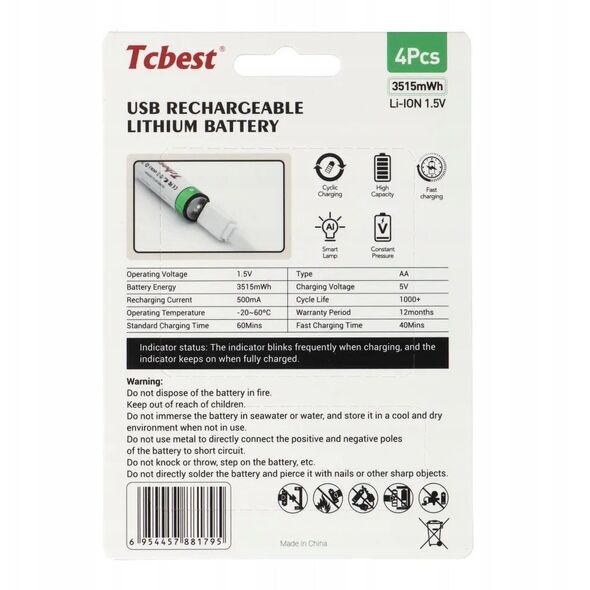 TCBEST bateria akumulatorowa R6 (AA) 950 mAh z gniazdem Typ C + kabel USB A do 4 x Typ C 4 szt